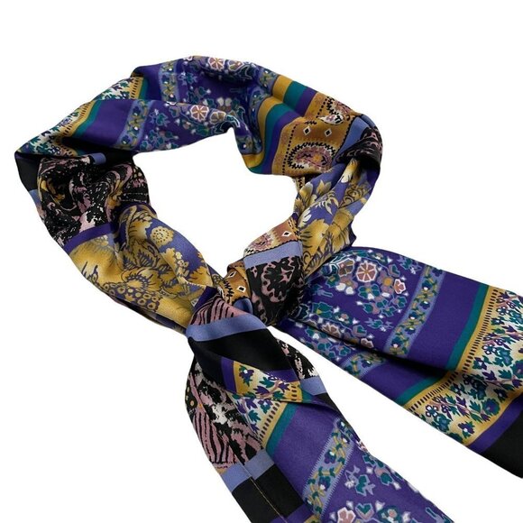 Womens Neck Head Scarf Wrap Shawl Floral Purple Teal Gold 15" x 60" - Picture 1 of 3